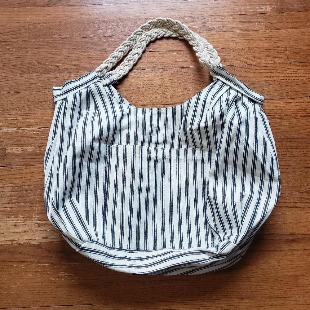 Striped Canvas Satchel Beach Tote Bag | Navy/Cream
